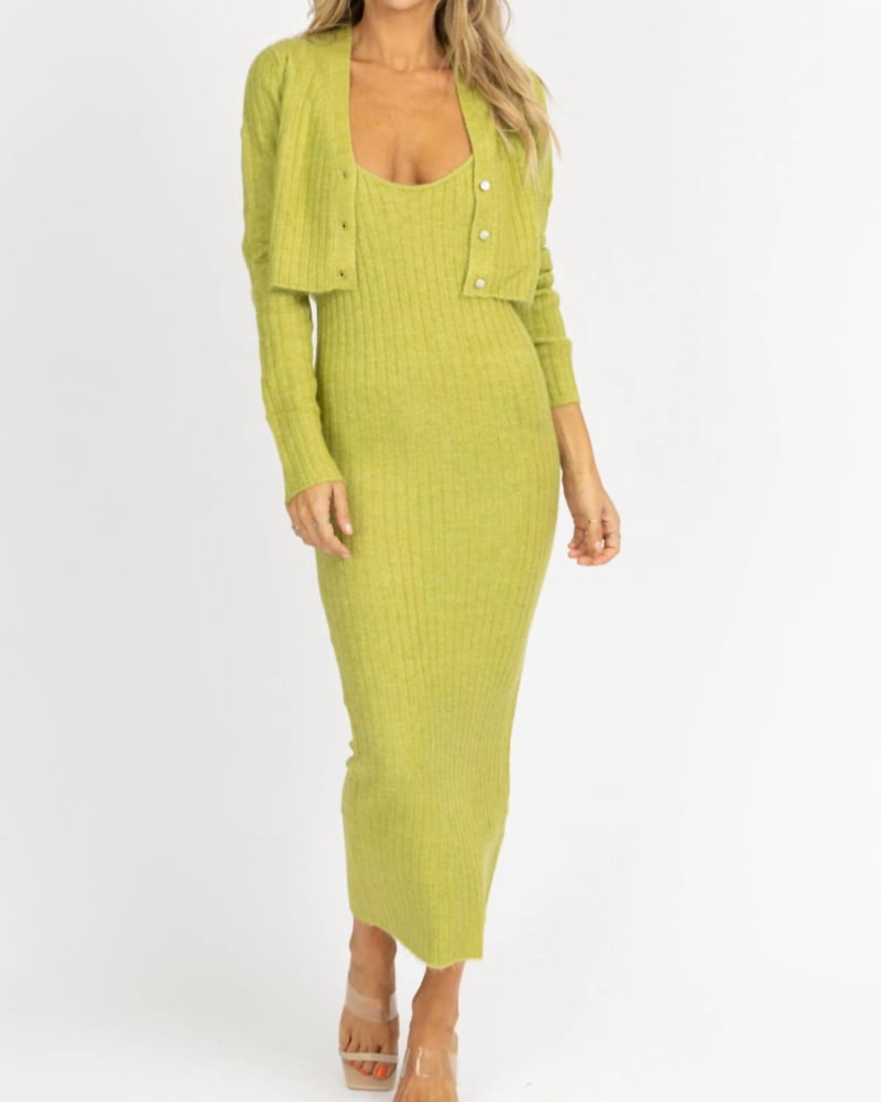 Front of a model wearing a size L Knit Cardi + Maxi Dress Set In Green in Green by Emory Park. | dia_product_style_image_id:358852